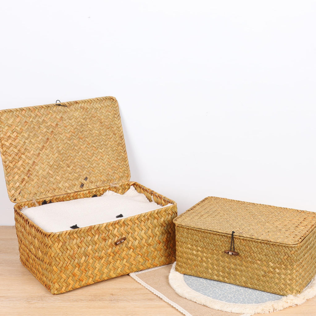 Wicker Shelf Baskets with Lid, Seagrass Storage Basket Bins Rectangular Handwoven Basket Boxes for Shelves Desktop