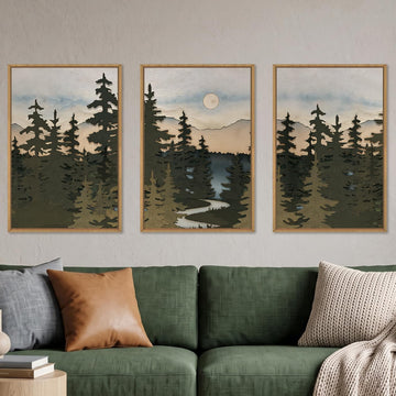 Large Boho Mountain Forest Pine Tree Framed Wall Art Set -24"x36"x3