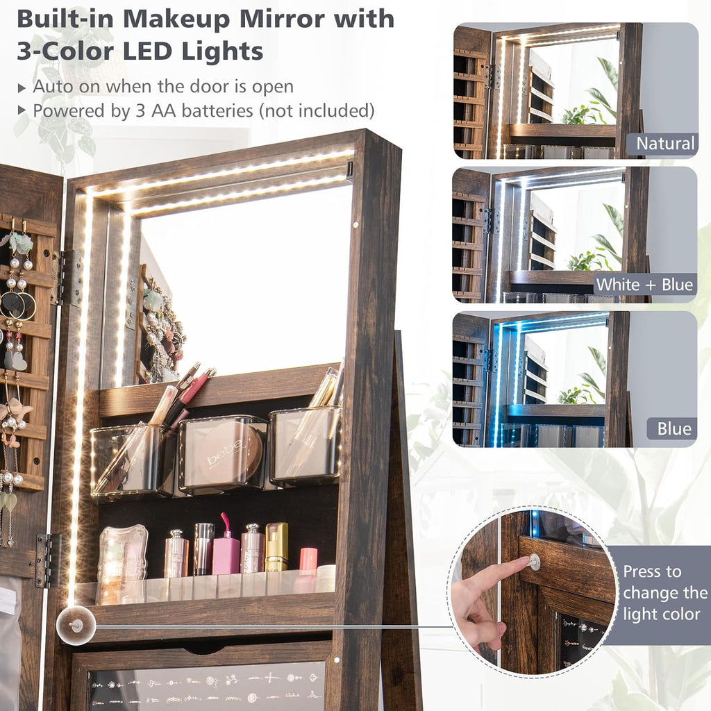 360° Swivel Jewelry Armoire with Full Length Mirror, Rear Storage Shelves, Lockable Standing Jewelry Cabinet