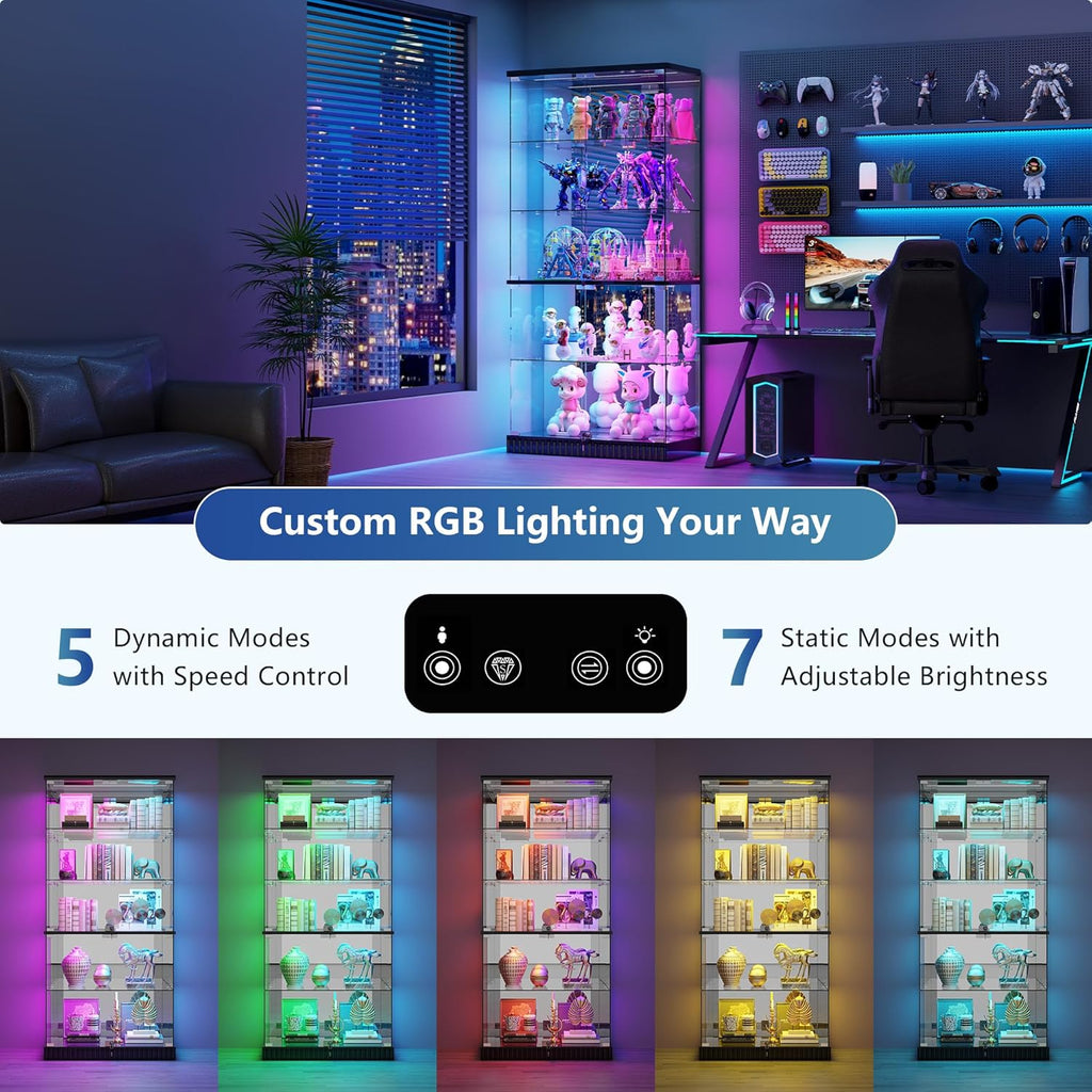 Full Glass Display Cabinet with RGB Lights and Lock for Collectibles, Black | Human Body Induction, 5 Dynamic & 7