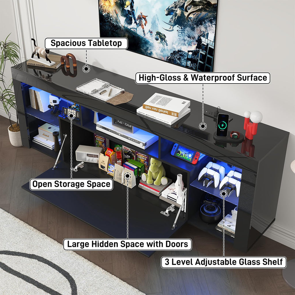 71" Floating for up to 85" TVs, Modern High Gloss Entertainment Center w/40 Electric Fireplace, Charging Station&LED