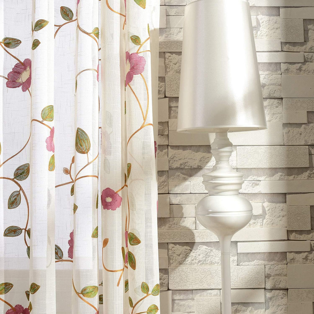Sheer Curtains 96 Inches Long, Red Floral Embroidered Semi Sheer Rod Pocket Curtains , W52 X L96, 2 Pieces