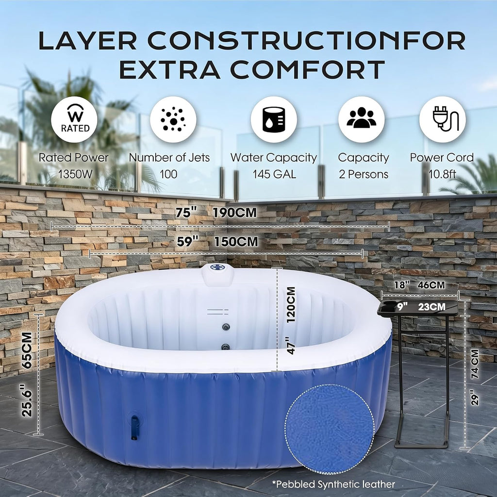2 Person Inflatable Hot Tub with 100 Air Jets - Portable Outdoor Spa | 100 Air Jets, Portable, Outdoor Spa