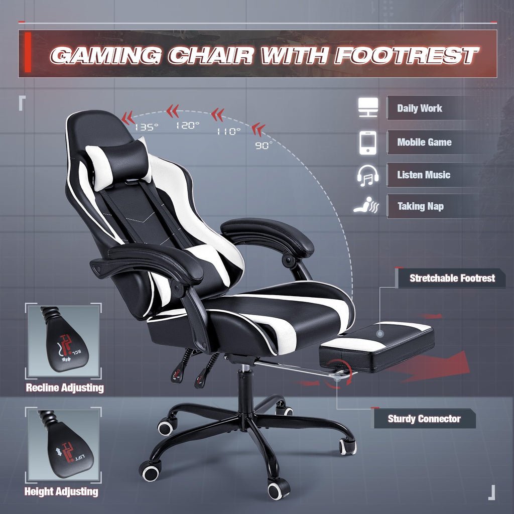 Gaming Chair, Video Game Chair with Footrest and Massage Lumbar Support, Swivel Seat Height Adjustable Computer Chair