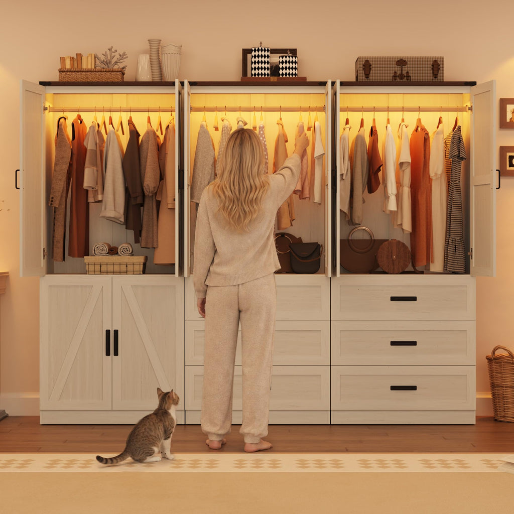 74" Tall Farmhouse Armoire Wardrobe Closet with Sensor LED Light(White ABB)