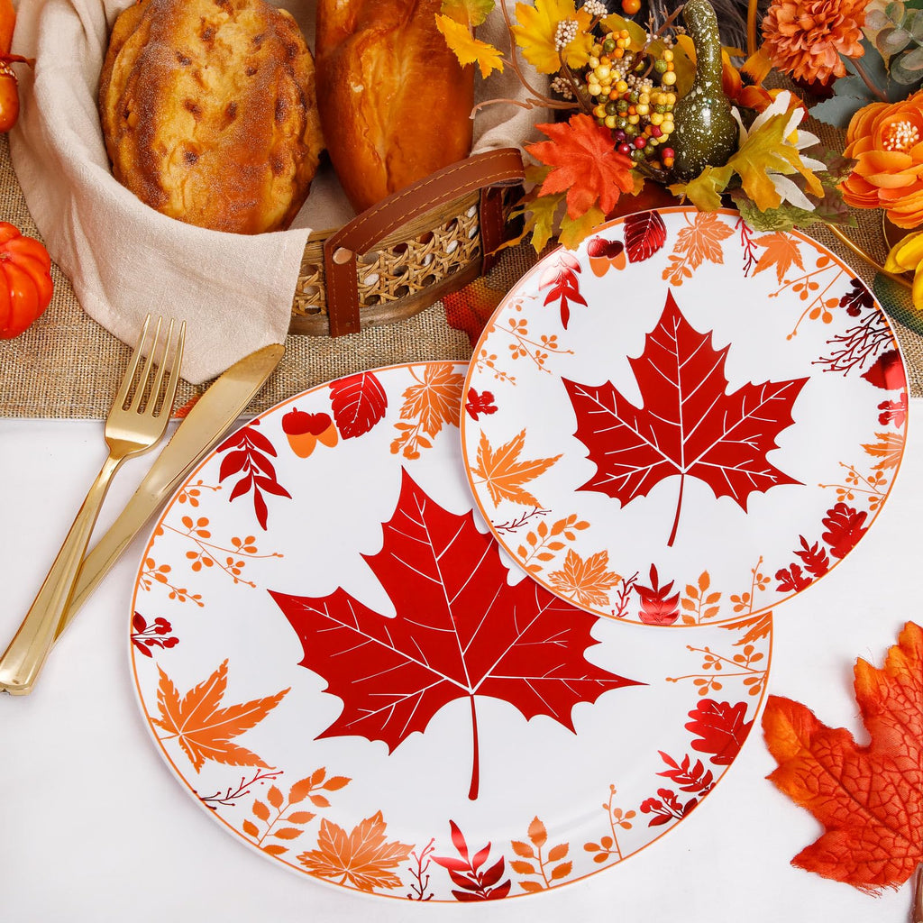 Thanksgiving Plastic Plates- Include 30 Dinner Plates, 30 Dessert Plate, 30 Forks, 30 Gold Spoons, 30 Gold