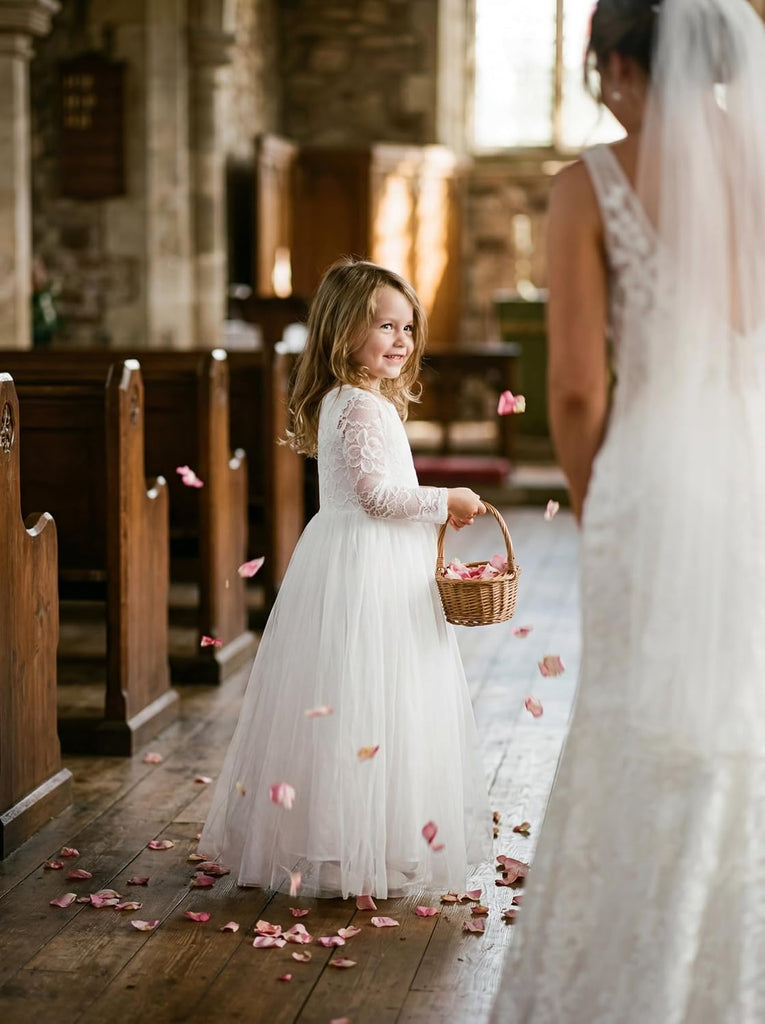 Flower Girl Dress Long Sleeve First Communion Dress Lace/Tulle Toddler Dresses for Wedding Bridesmaid Garden Party