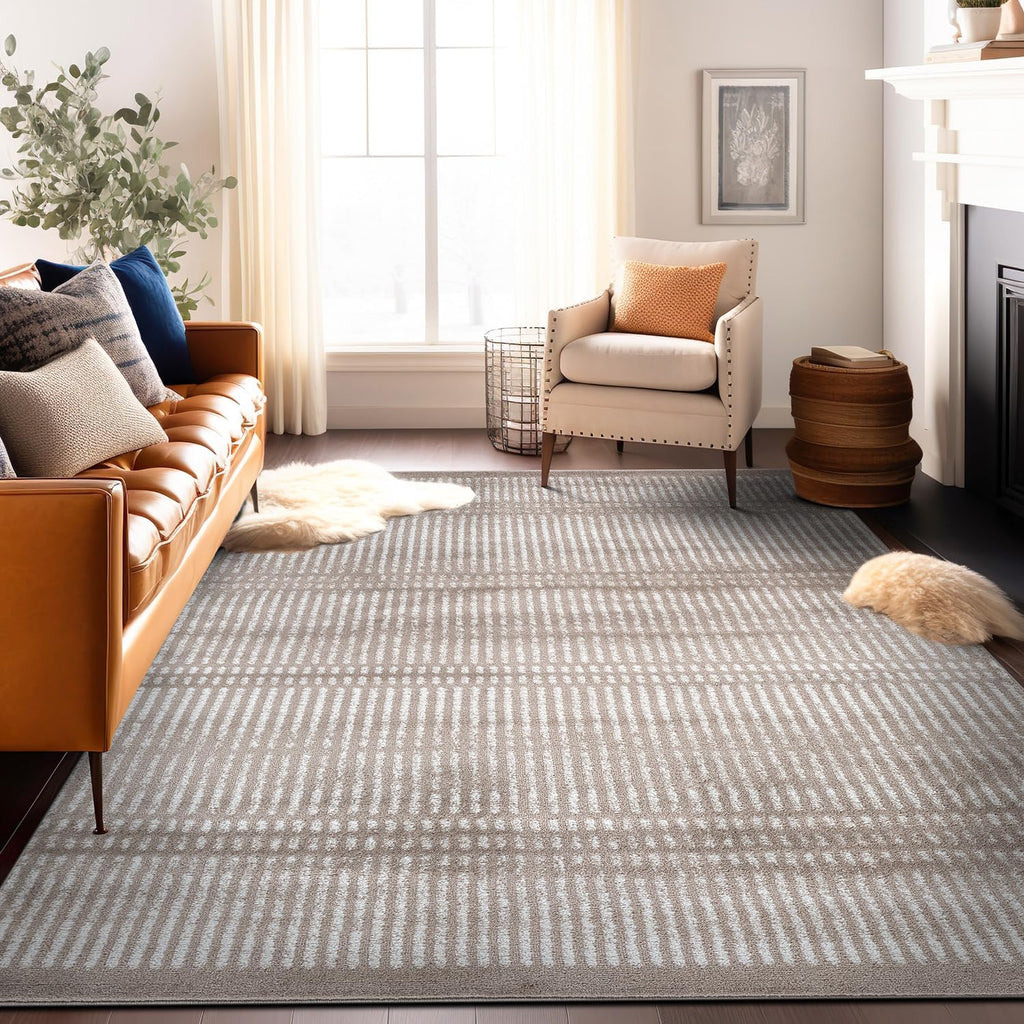 Contemporary Stripe Lines High Traffic Area Rug Beige