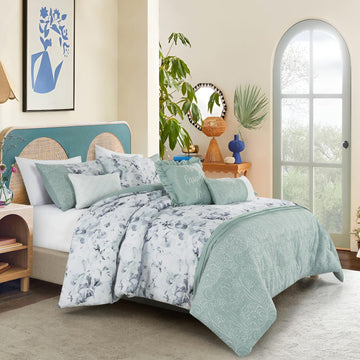 Luxury 7-Piece Floral Comforter Set, Aqua-Green Printed & Lace-Style Embroidered Bedding with Decorative Pillows