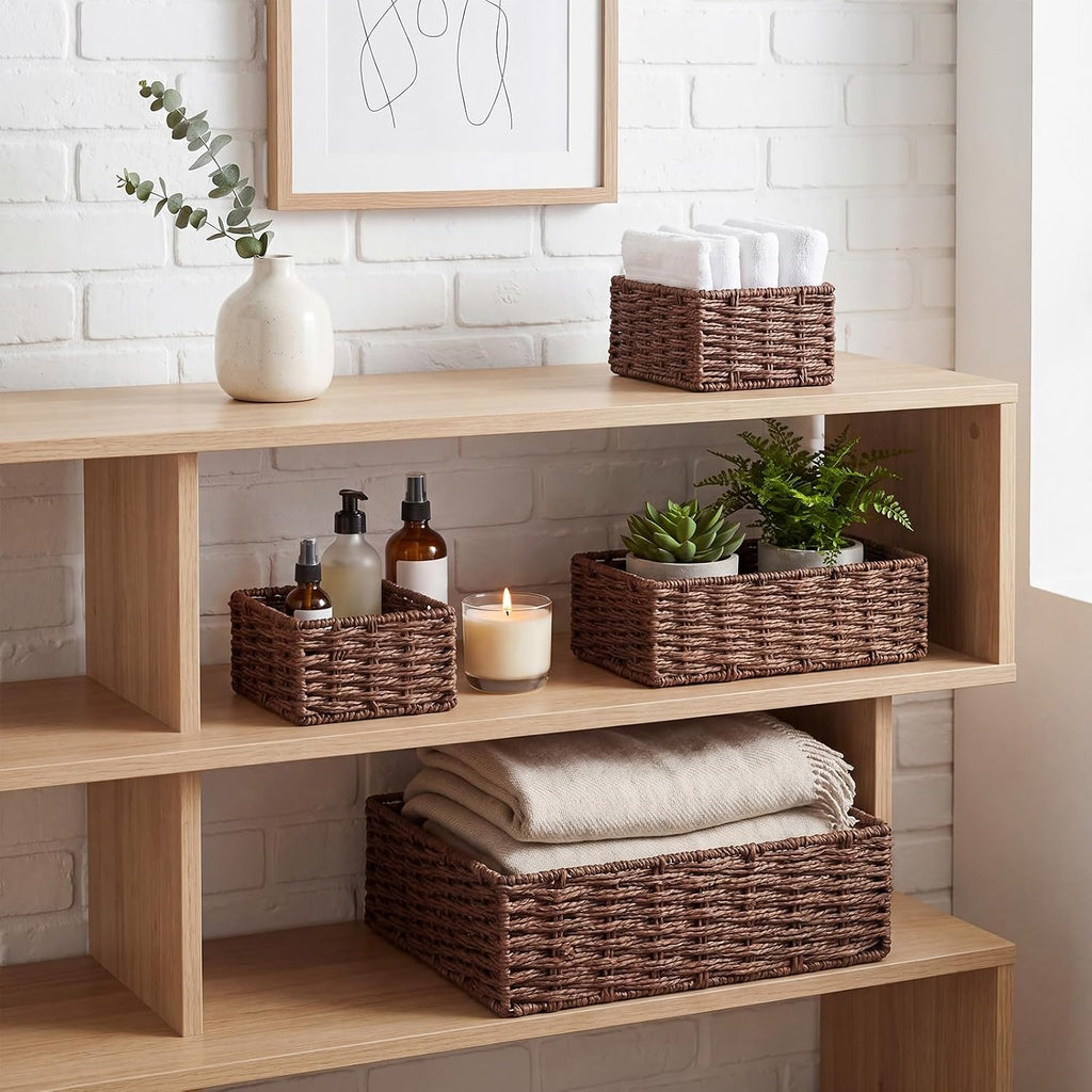 Paper Rope Bathroom Woven Basket Organizer Set of 4 Rustic Bathroom Decor Storage Baskets for Countertop Shelf Closet