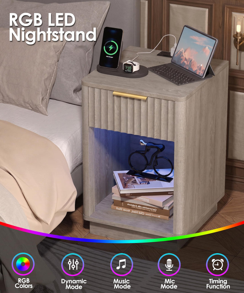 Fluted Nightstand Set 2 Bedside Table with Charging Station Greige