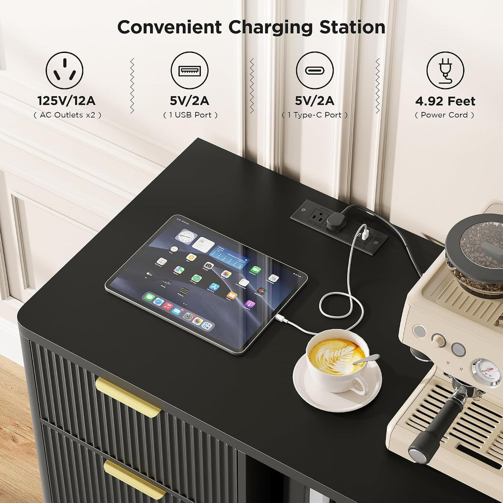 Mini Fridge Cabinet with Wine Storage & Power Outlet, Black | Coffee Bar Cabinet with Mini Fridge Space, Liquor