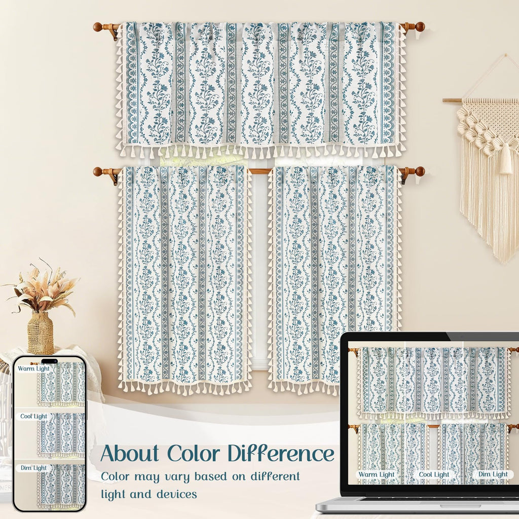 2 Pack Boho Valance Curtains Vintage Linen Kitchen Valances for Windows Light Filtering Bohemian Floral Valance Rod