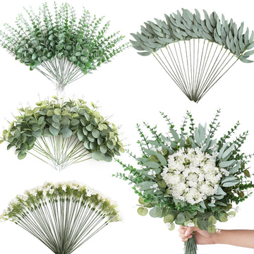 160Pcs Mixed Artificial Eucalyptus Stems and White Faux Flowers, Big Babys Breath and Eucalyptus Leaves Stems Bulk