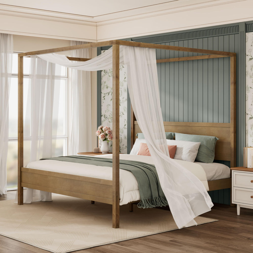 Canopy Bed Frame with Headboard & 4 Posters, Antique Natural