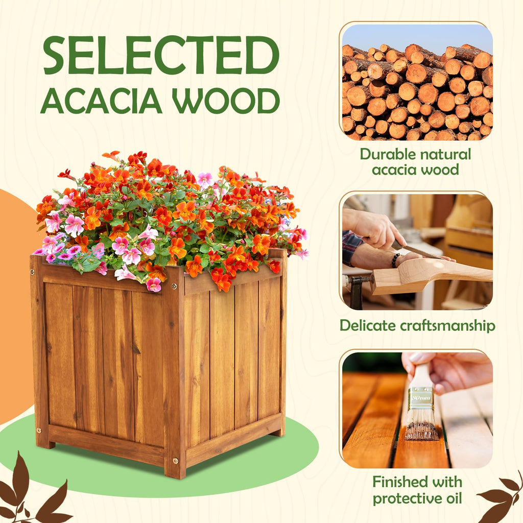 Hardwood Outdoor Flower Box, Durable Acacia Wood Flower Boxes for Outdoor Plants with Ergonomic Handles, Drainage