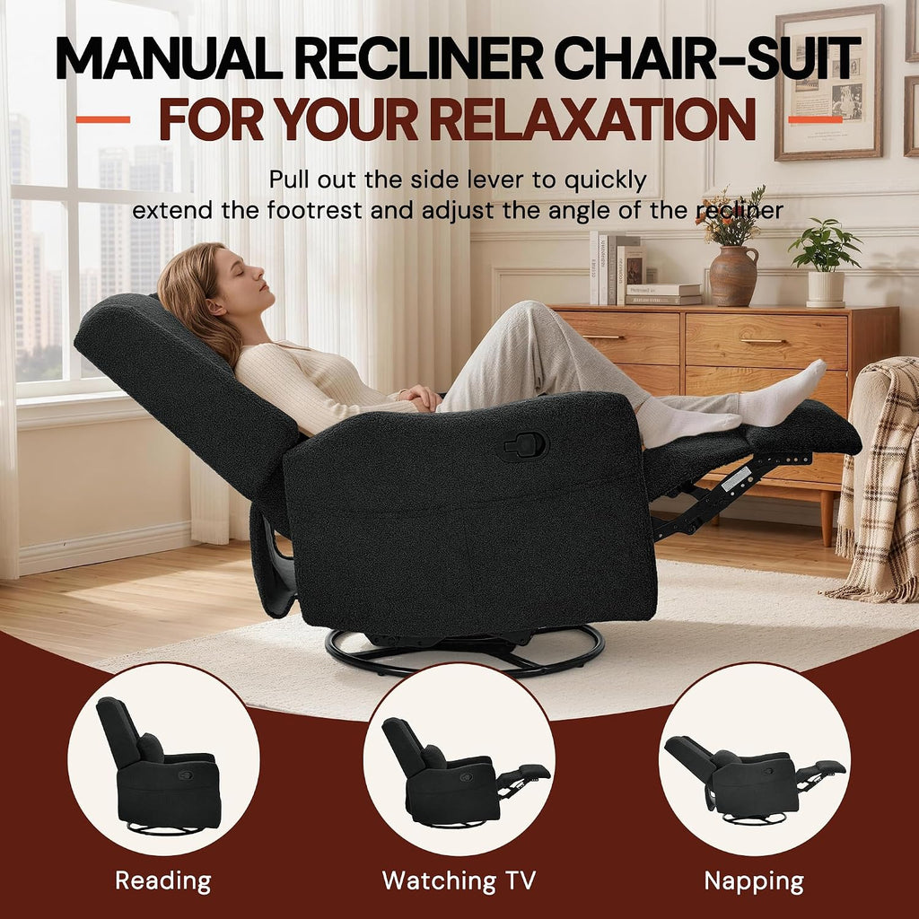 Glider Recliner Rocking Chair, 360° Swivel Boucle Nursery Chair, Comfy Upholstered Recliner ,Black