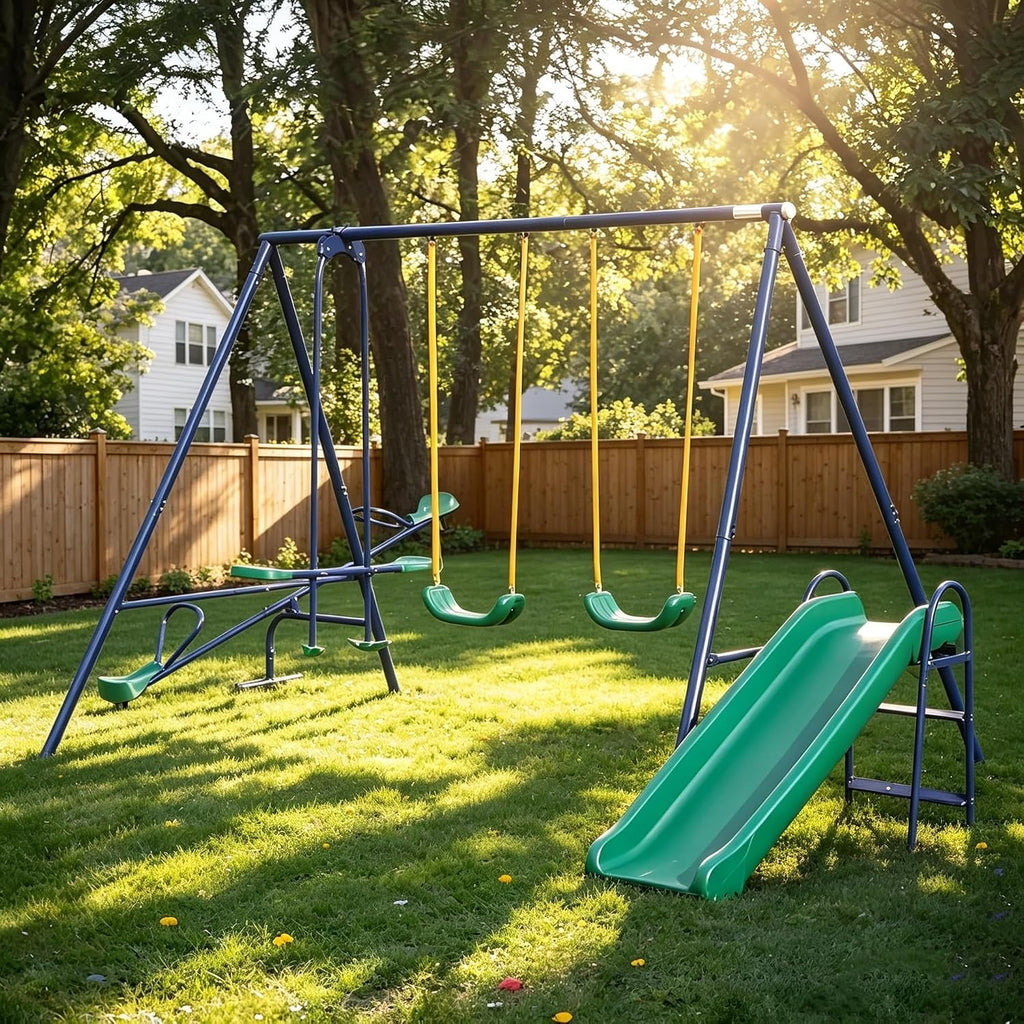 5 in 1 Swing Set for Kids Backyard, Heavy Duty A-Frame Metal Swing Sets with Slide Seesaw Glider Bench Swing Outdoor