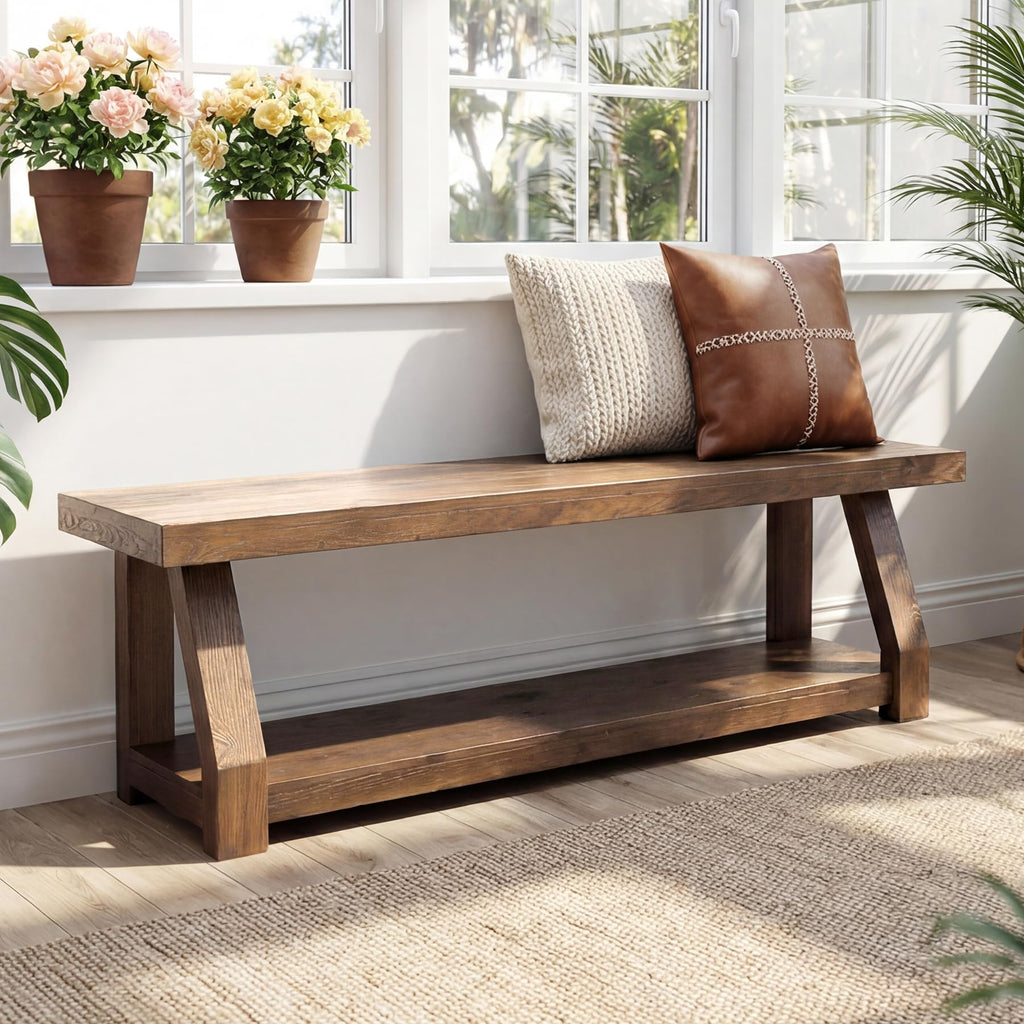 63" Solid Wood Bench, 2-Tier Entryway Bench with Shoe Storage, Rustic Hallway Accent Benches, Mudroom, Easy