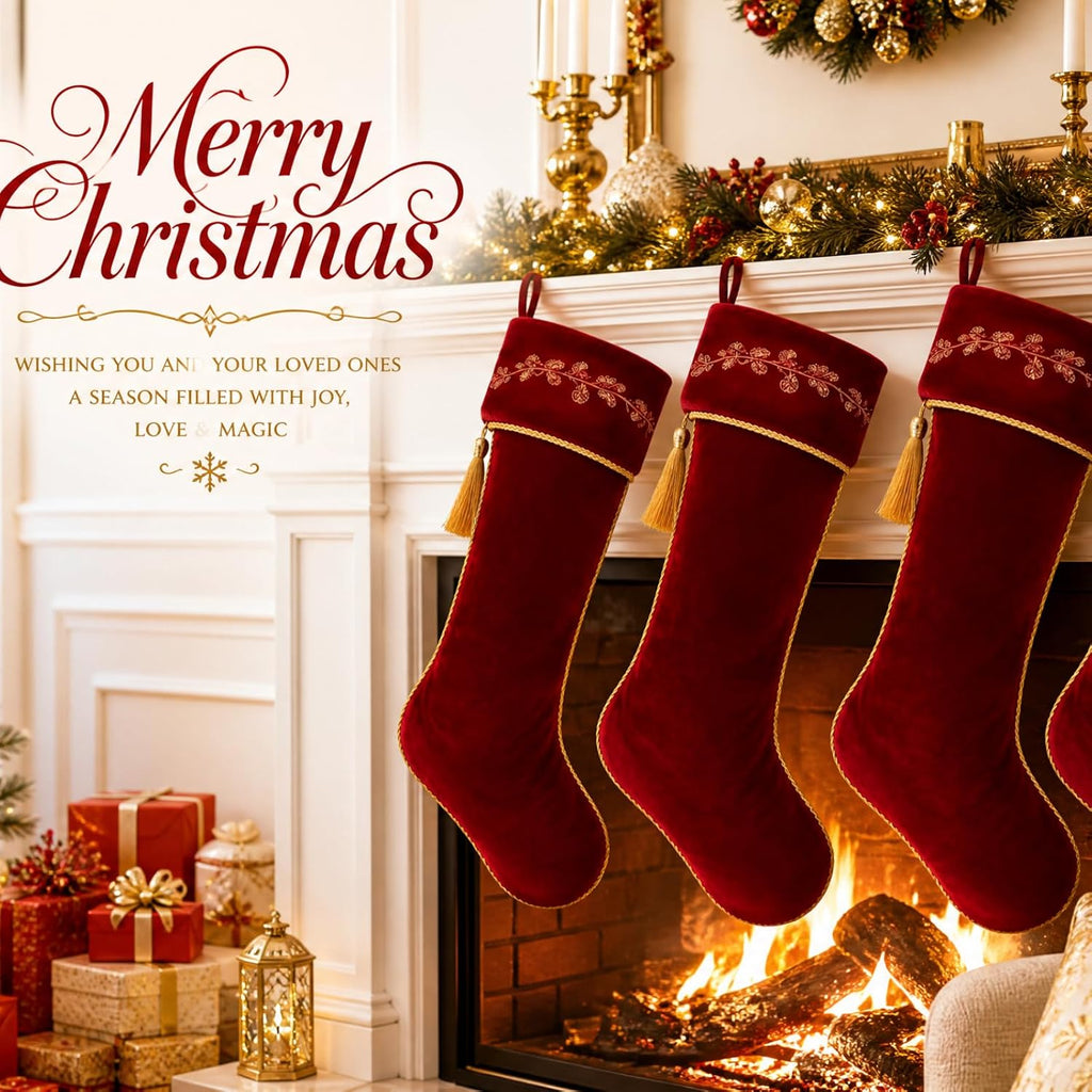 4 Pcs 18 Inch Burgundy Luxury Velvet Christmas Stockings Holly Embroidered Christmas Stocking Stockings with Gold