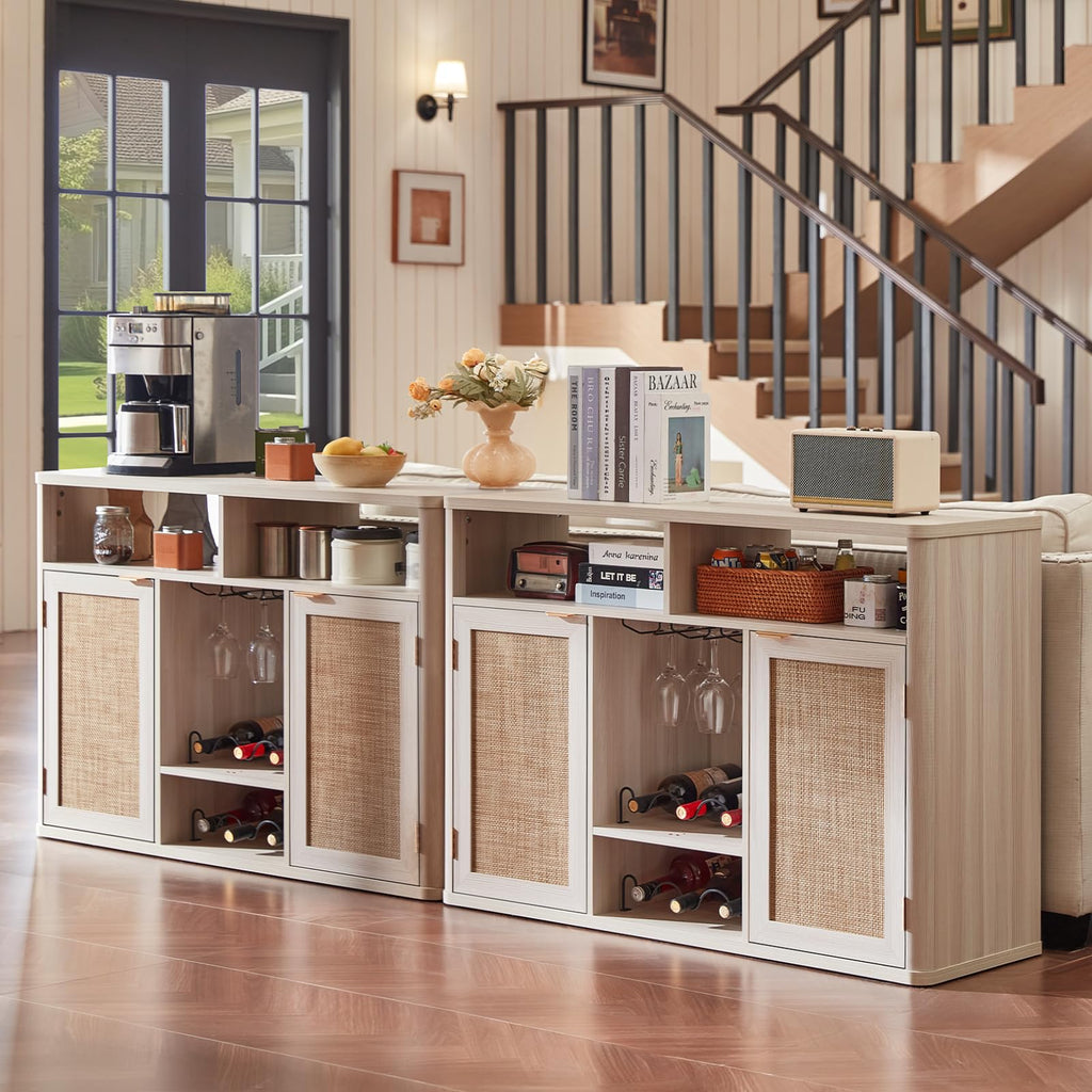 Rattan Wine Bar Cabinet with Storage, Grey White