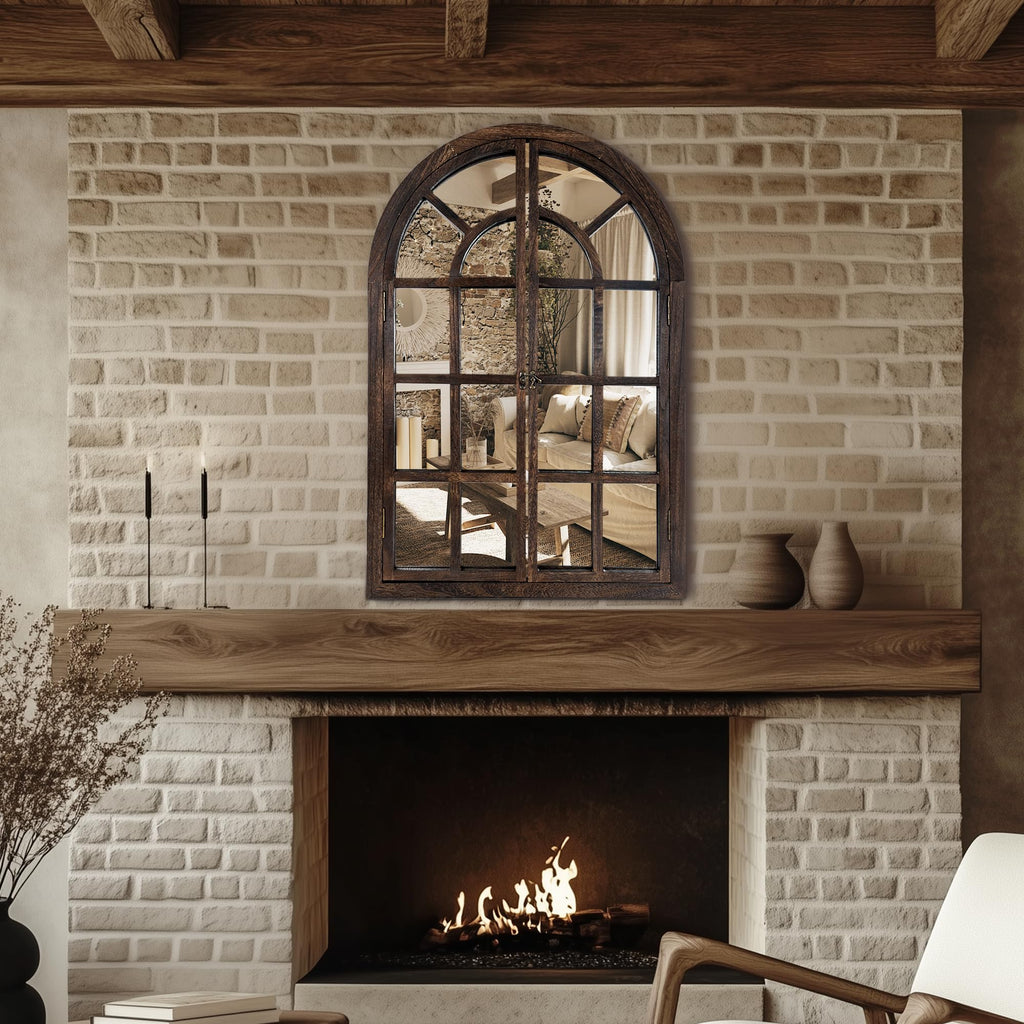 Arched Wall Mirror with Wood Window Pane Frame, 24 x 36 Inch, Brown
