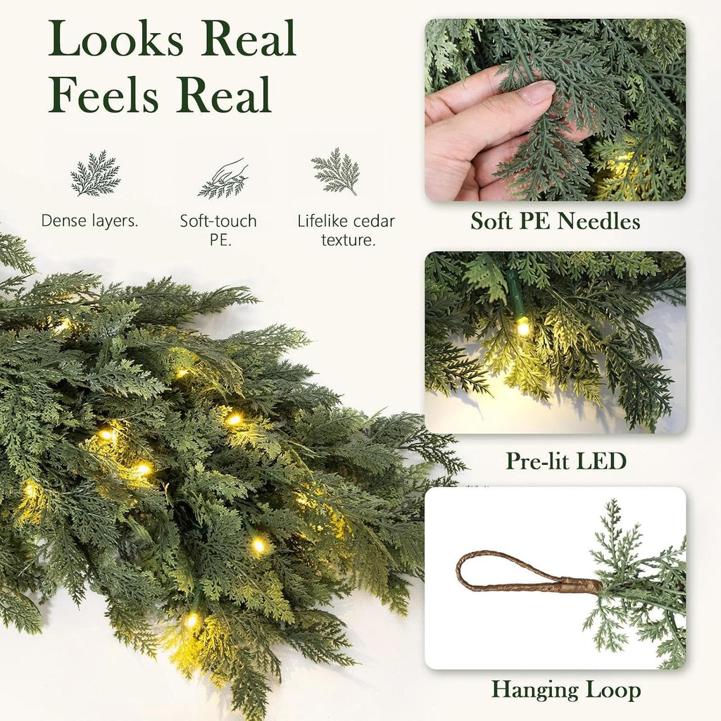 Pre-Lit Christmas Garland 9FT Decorations Real Touch Cedar Cypress Pine Greenery Artificial Green Christmas Garland - Set of 9