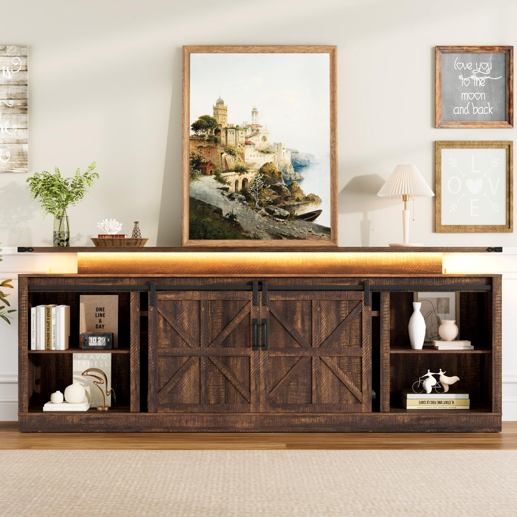 81" Farmhouse TV Stand with Power Outlets and LED Light, Extra Tall Entertainment Center with Sliding Barn Door for