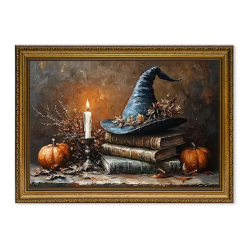 Halloween Framed Canvas Wall Art, Witch Hat Pumpkin and Candle Gold Frame Print, Vintage Halloween Still Life Decor