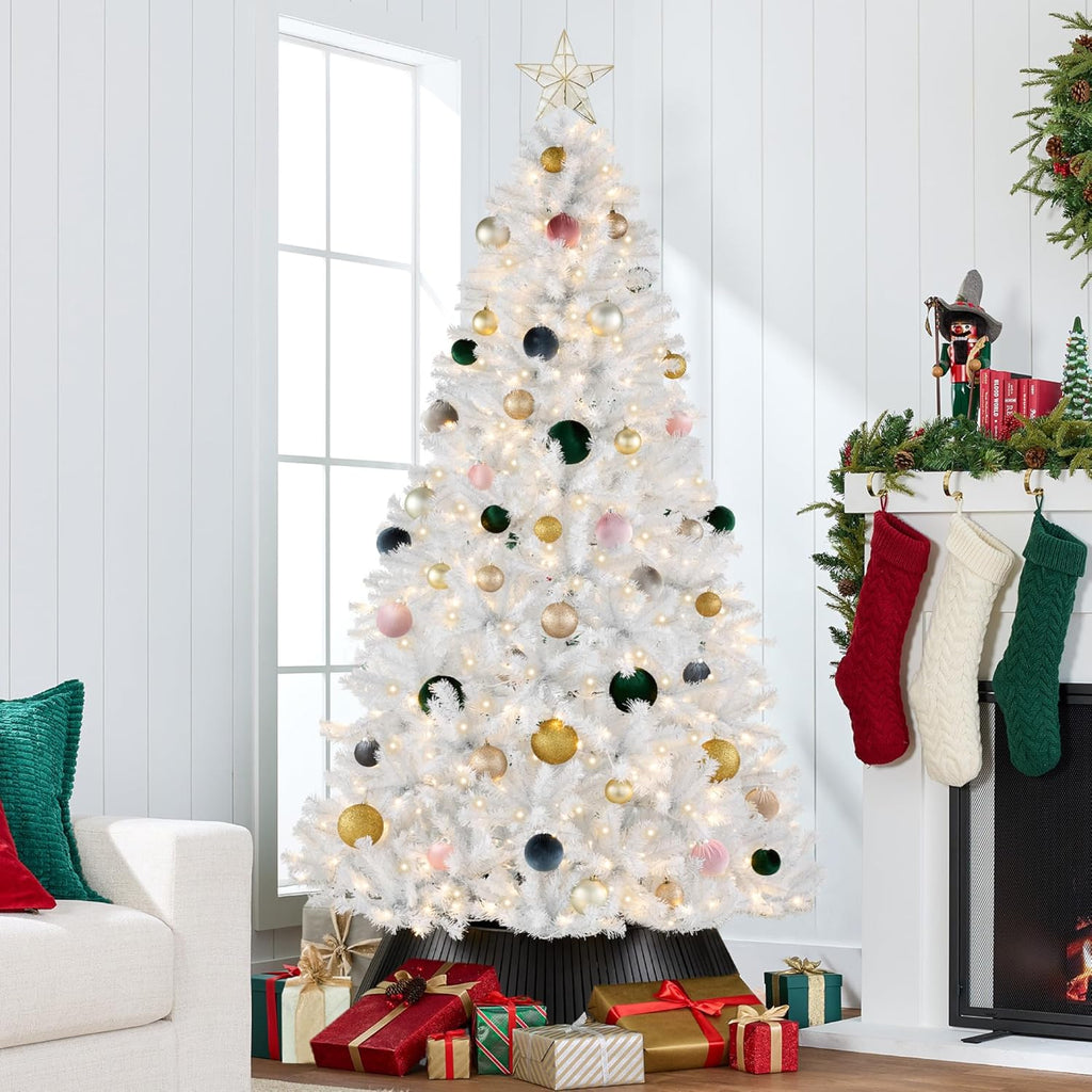 Artificial Christmas Tree, Premium Pre-Lit Realistic Spruce Holiday Décor w/Dense Branches, Metal Base - White