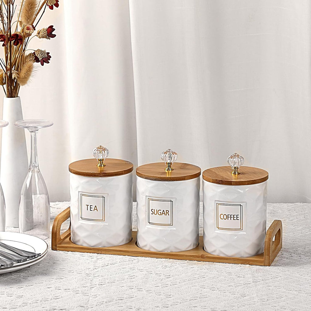 Ceramic Coffee Sugar Tea Canister Set with Lid and Tray - Set of 3