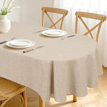 Oval Tablecloth 60 x 102 Inch Beige Faux Linen Farmhouse Tablecloth