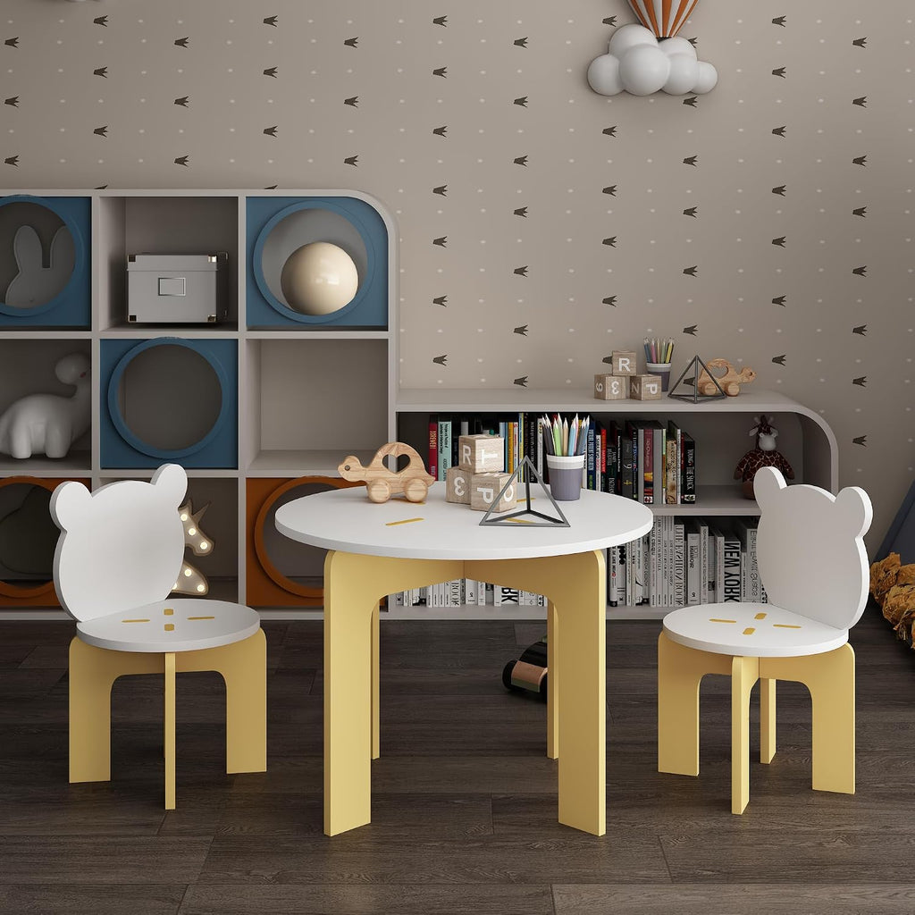 Piece Kids Table and Chair Set, Modern Wooden Toddler Table and 2 Cute Bear-Back Chairs, Round Activity Table Set