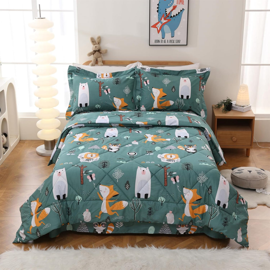 Green Forest Animals Kids Comforter Set Twin, 2 Piece Woodland Printed Microfiber Bedding Set, Machine Washable