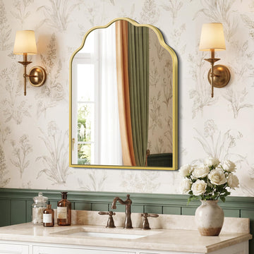 Gold Arched Mirror, 18×24Inch Scalloped Bathroom Mirror, Wavy Wall Mounted Vanity Mirror with Aluminum Alloy Frame