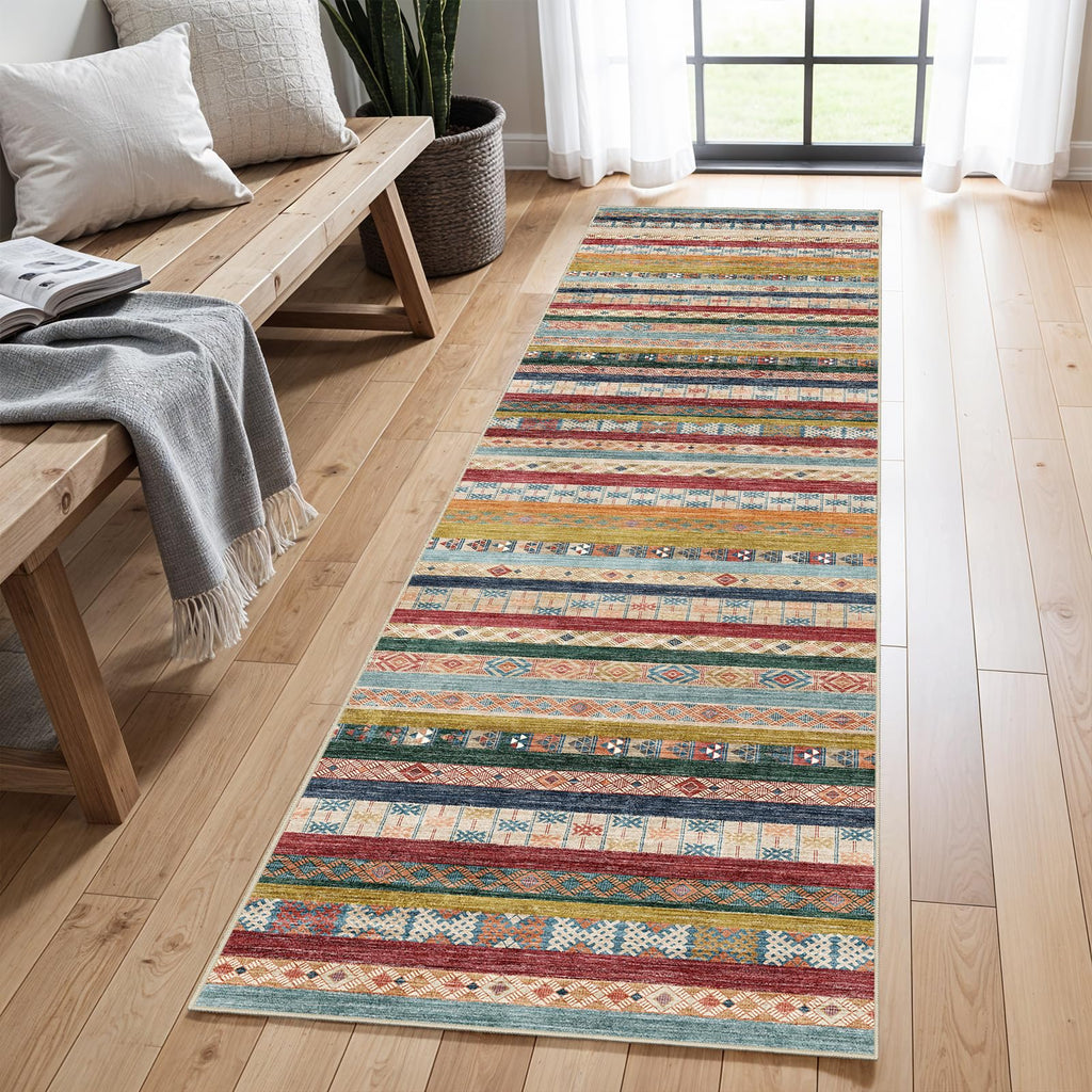 Washable Boho Runner Rug - Non-Slip Hallway Rugs Colorful Stripe