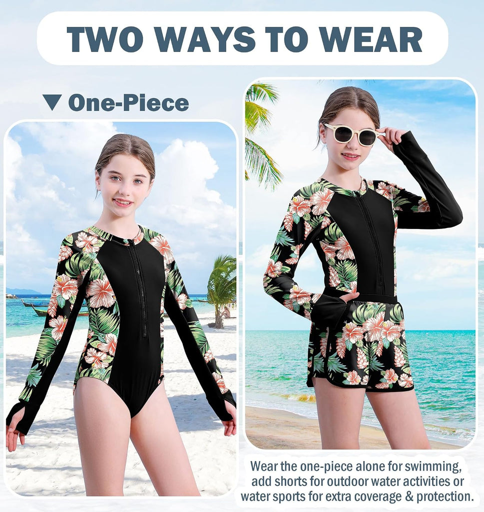 Girls Rash Guard Swimsuit 2 Piece Long Sleeve One Piece Bathing Suits with Swim Shorts Kids UPF 50+ Swimwear Sets