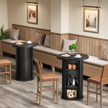 Round Bar Table, 35.4" Rustic Cocktail Table with 3-Tier Hidden Storage Shelves, High Top Bistro Pub Table with Slide