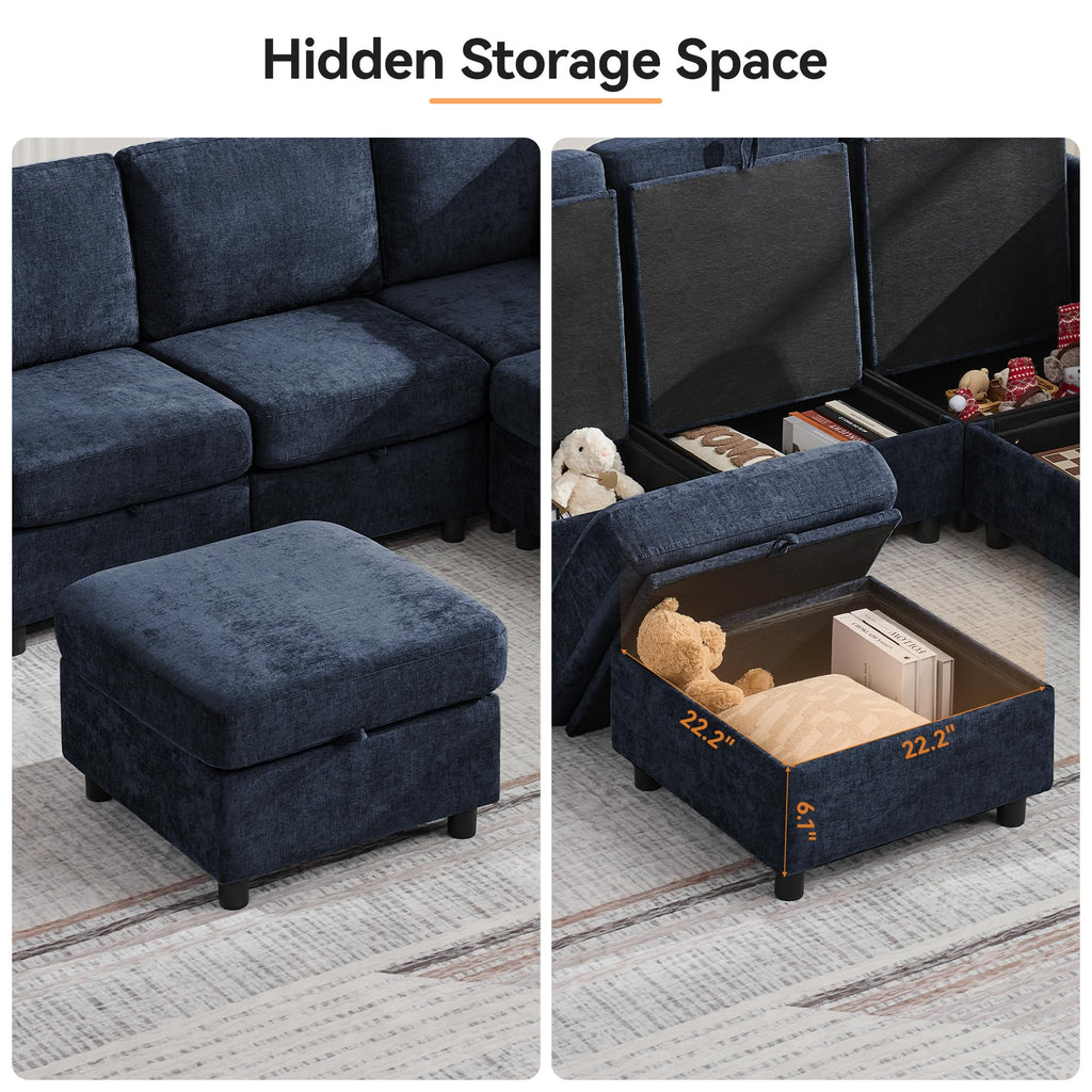 Modular Sectional Couch with Storage, 25'' Storage Sofa Ottoman, Navy