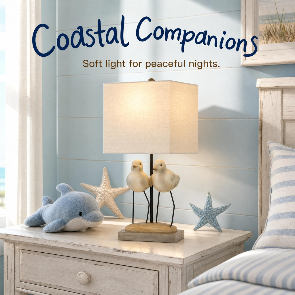 21" Coastal Bird Table Lamp, Twin Gray Resin Shorebirds