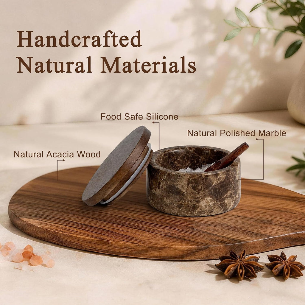 Marble Salt Cellar with Acacia Wood Lid & Spoon Brown 4" salt container
