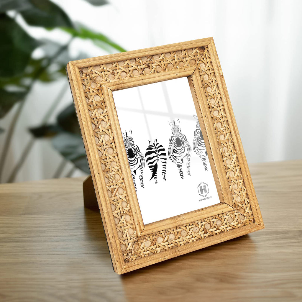 Rattan 5x7 picture Frame, Wicker Boho Rustic Photo Frame, Vintage Cany Stand Table Top Desk (5x7 inch)