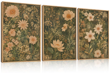 Boho Dark Green Flower Framed Canvas Wall Art, Large Vintage Abstract Floral Wall Decor, Rustic Wildflower Artwork Set