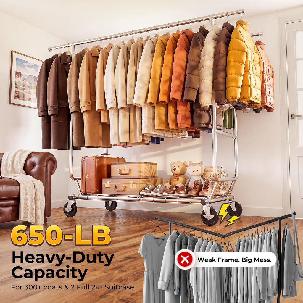 Clothes Rack Heavy Duty Clothing Rack Load 650 LBS Collapsible Garment Rack with Wheels Double Rod Clothes Rack for
