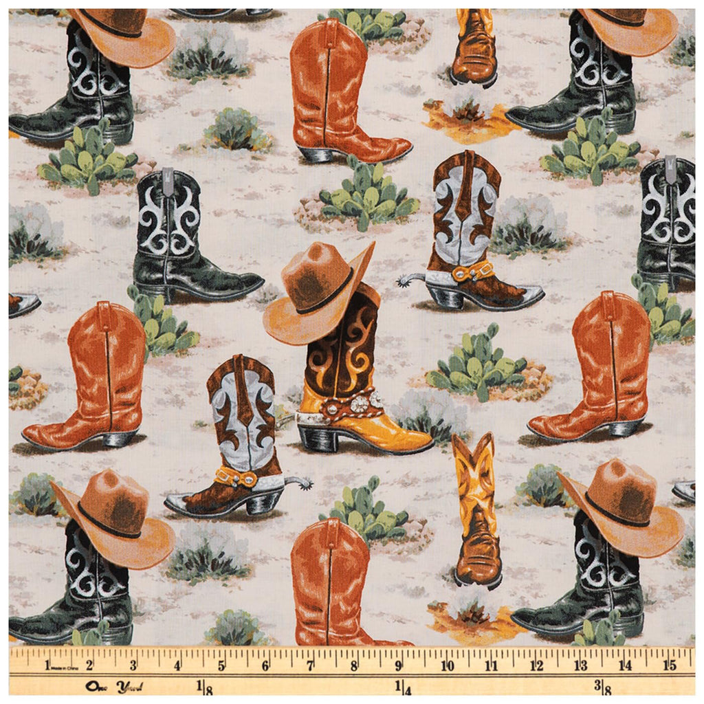Cowboy Boots Cotton Calico Fabric, 2 Yards