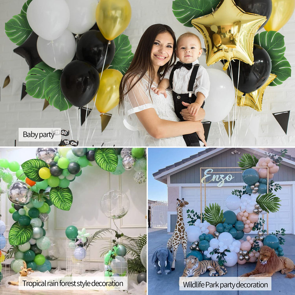 74 Pcs 7 Kinds Artificial Palm Leaves Tropical Fake Leaves, Monstera Leaf for Safari Jungle Hawaiian Dinosaur Luau