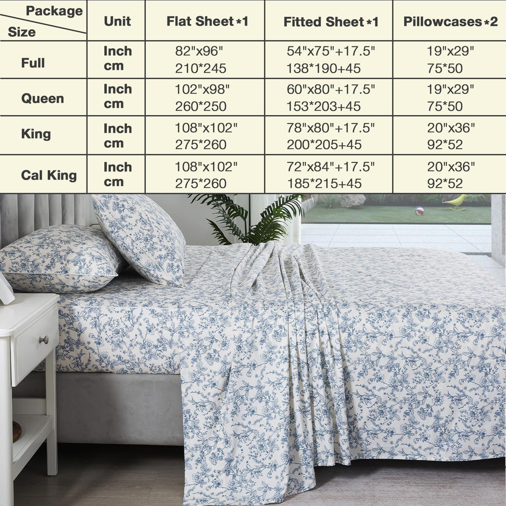 Vintage Floral Percale Sheets, Deep Pocket, White & Blue