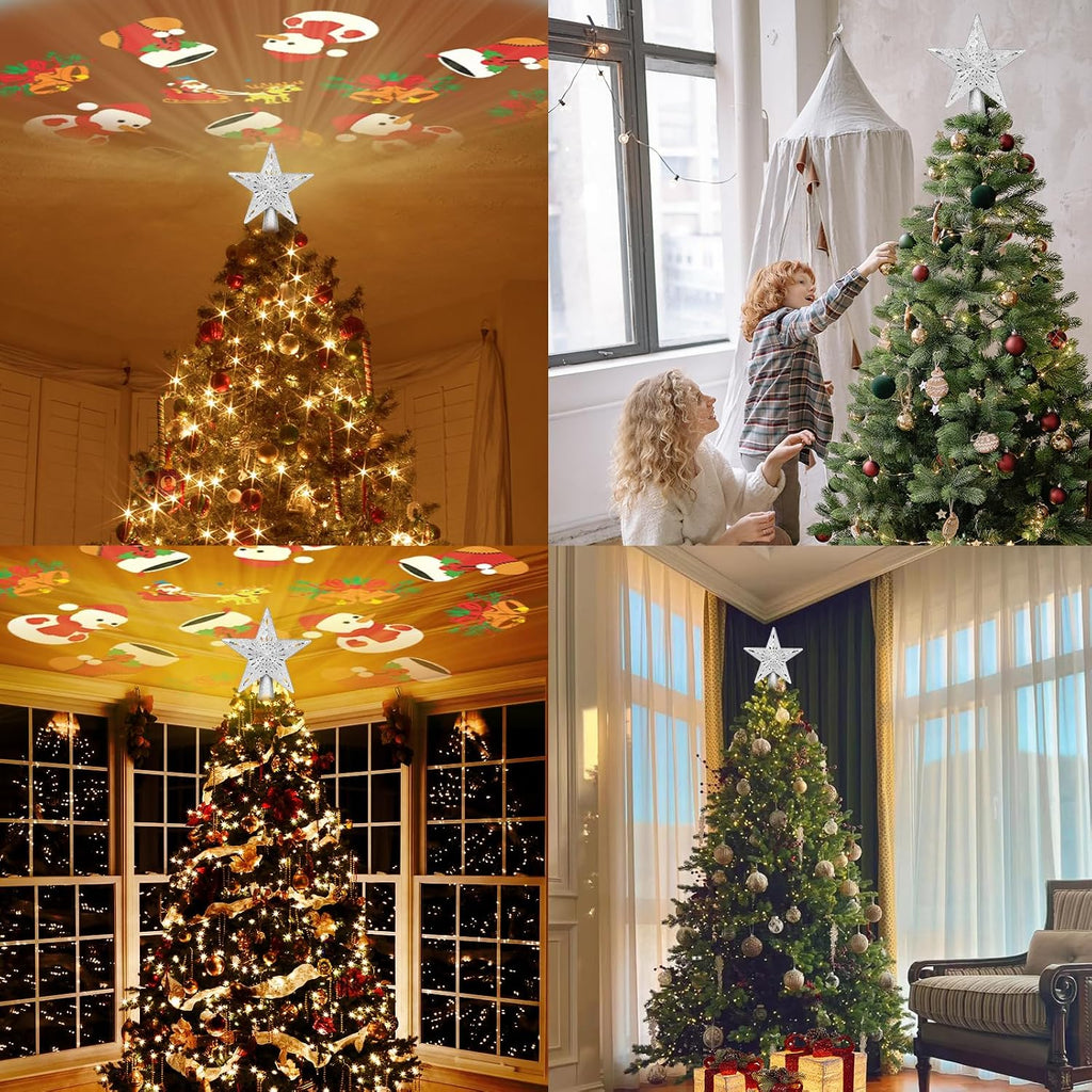 Star Tree Toppers with LED Rotating Lights, Silver
