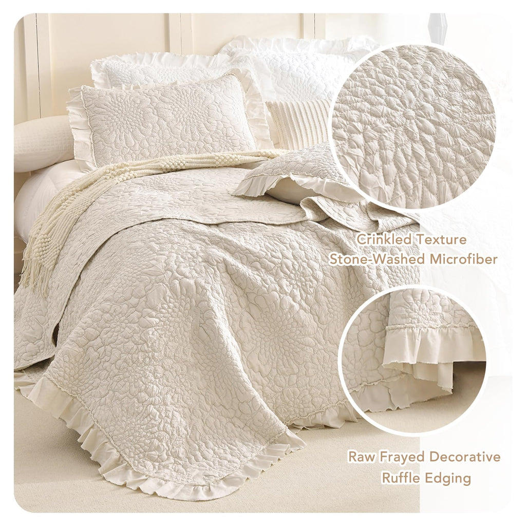 Wheat Quilt Sets, Stone-Washed Lightweight Ruffle Coverlet, 3Pcs Quilted Crinkled Shabby Bedspread Set