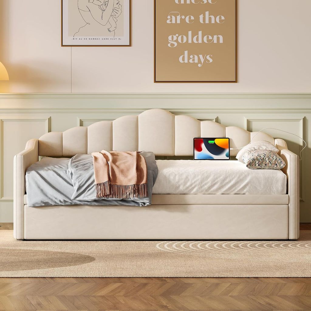 Daybed with Pop Up Trundle, Twin to King Sofa Bed Frame (Beige) | Velvet Upholstered, USB & Type-C Charging Port, 2